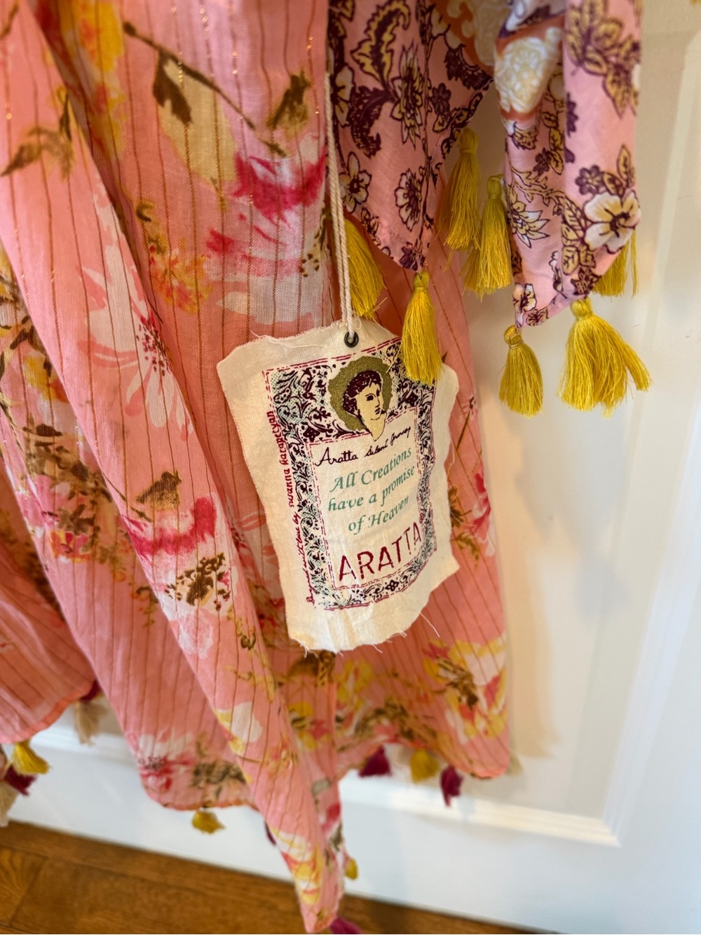 Aratta Pink Floral Sheer Kimono Wrap with Yellow Tassel Trim - Picture 7 of 9